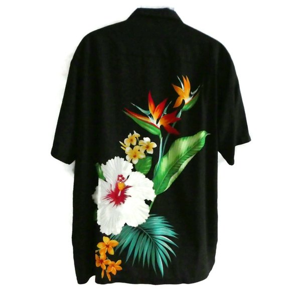 Vintage 80s Mens Aloha Hawaiian Shirt Black Flowers Bird of Paradise XL - Picture 2 of 7